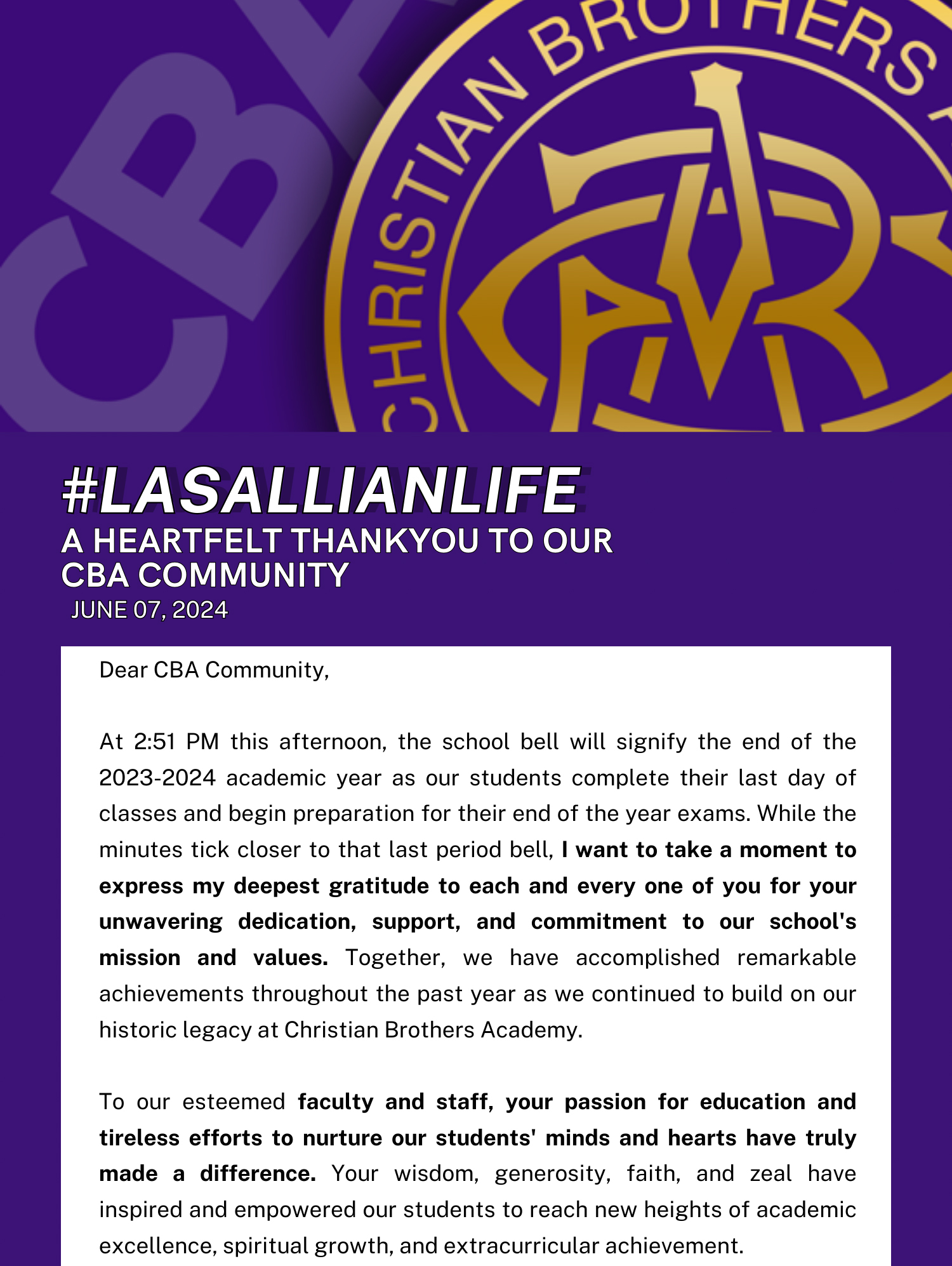 #LasallianLife : A Heartfelt Thank You to our CBA Community