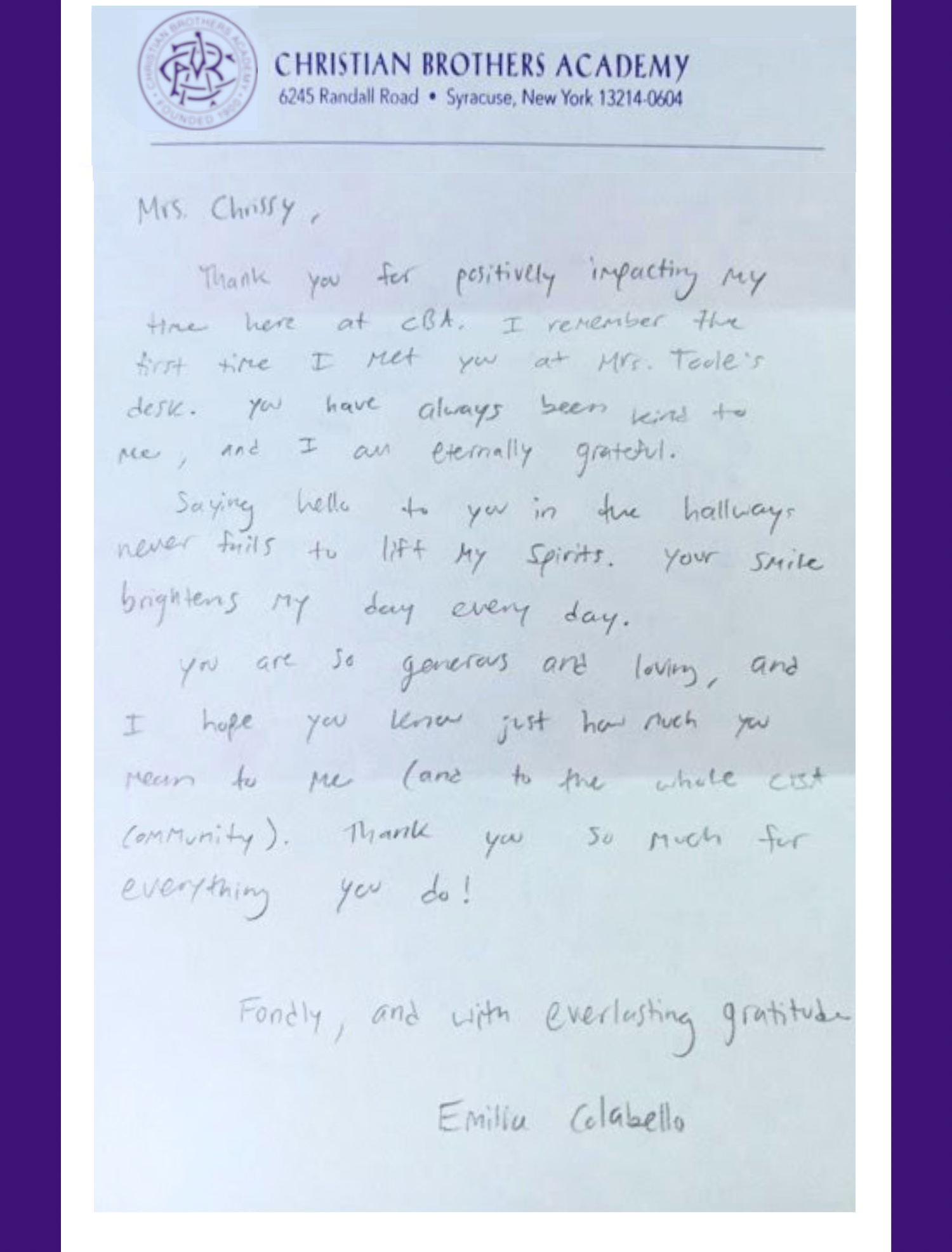 CBA student writes a thoughtful letter to our staff.