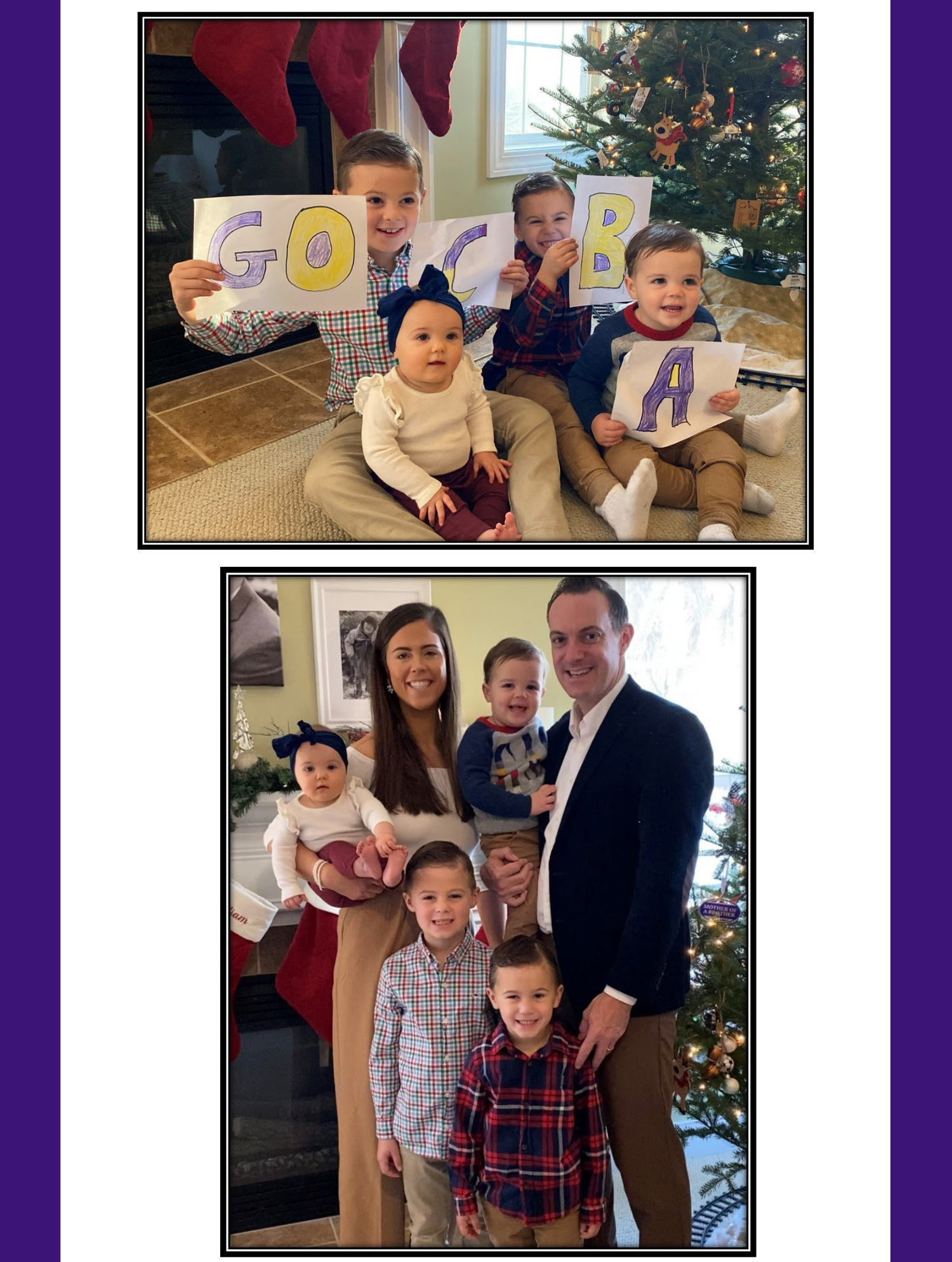 Christian Brothers Academy President Matthew Keough and Family with children holding up "Go CBA"